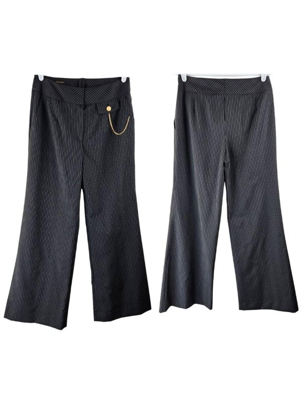 Escada Wide Leg Work Pants 36 Silk Wool Black Pinstripe Chain Detail Y2K Preppy
